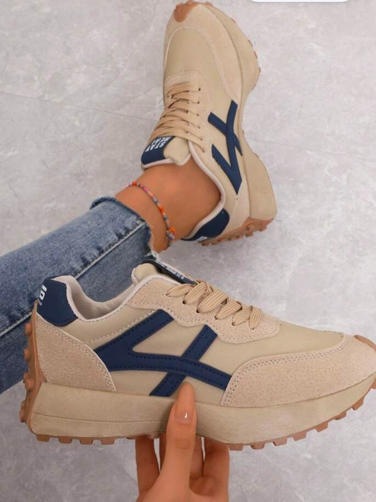 None Shoes - Beige and Navy Women's Retro Trainer Sneakers